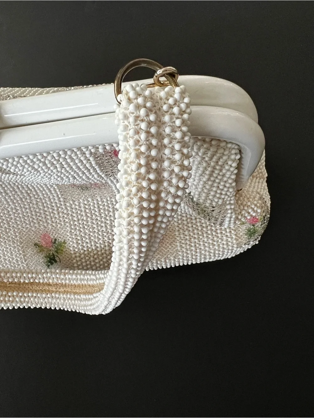Vintage Lumured Candy Dot Beaded White Bag White with Pink Petite Roses